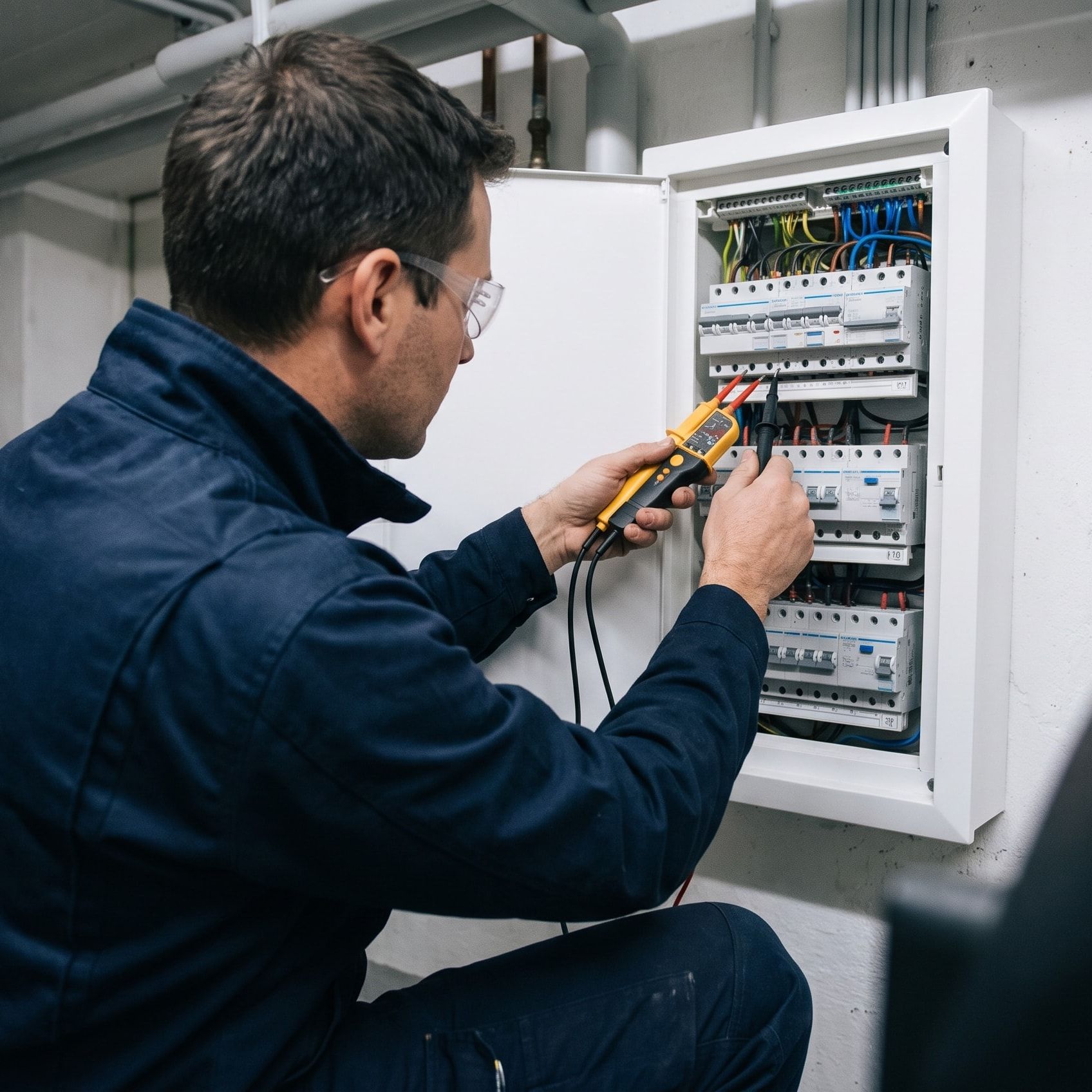 Électricien mesurant avec un testeur de tension sur un tableau électrique ouvert