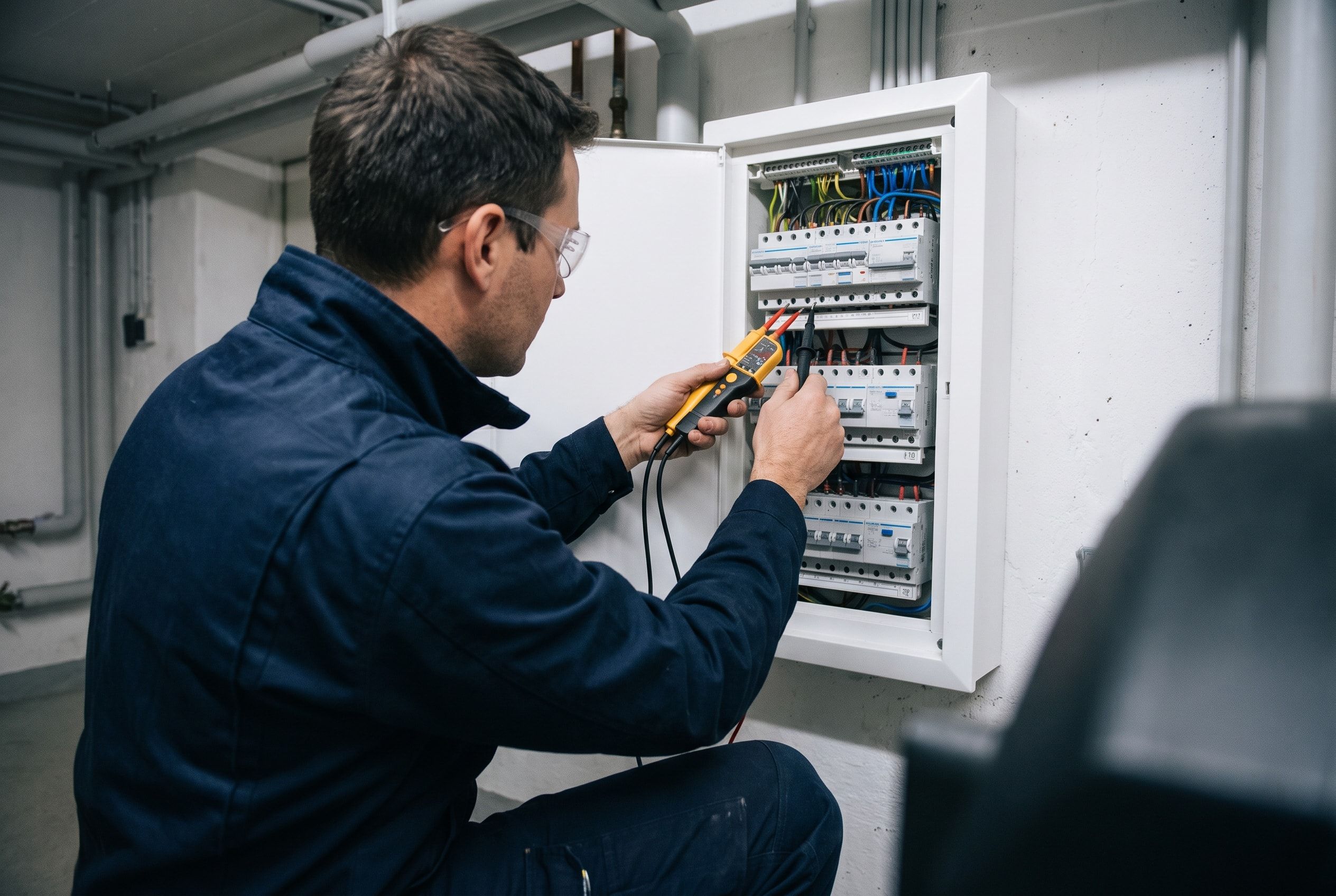 Électricien mesurant avec un testeur de tension sur un tableau électrique ouvert