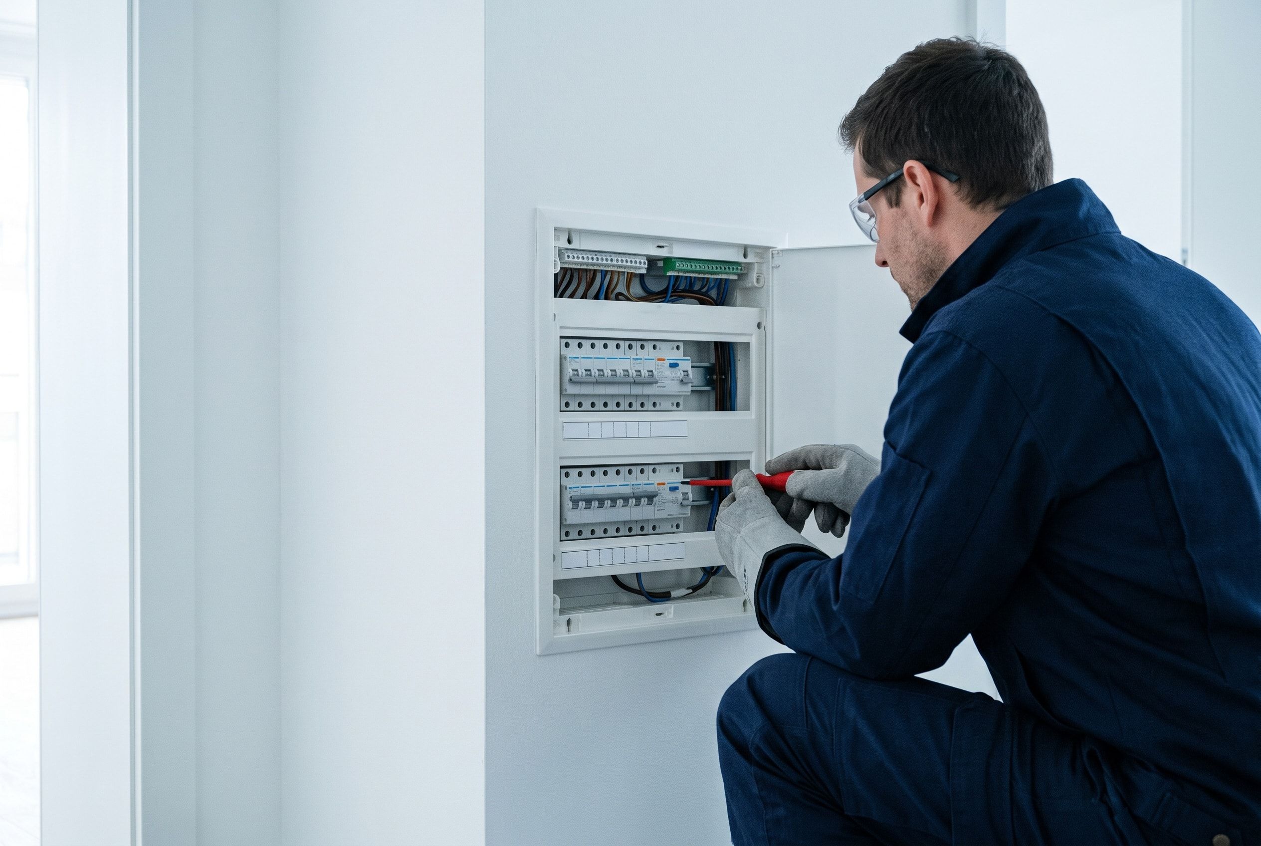 Électricien en combinaison bleu foncé, lunettes et gants de protection, travaillant sur un tableau électrique encastré ouvert