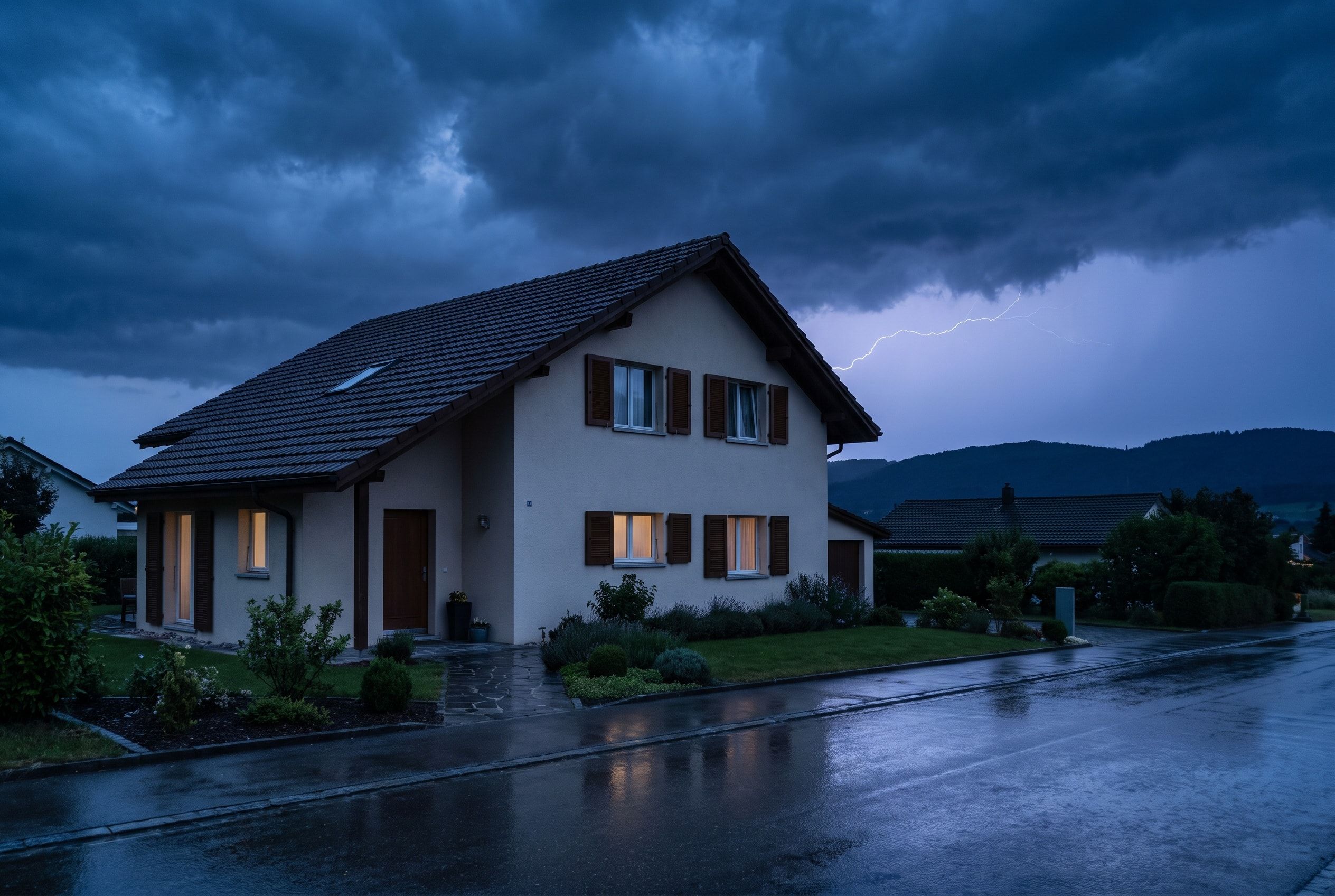 Maison individuelle aux volets bruns sous un ciel d’orage, un éclair zèbre les nuages, la route est mouillée