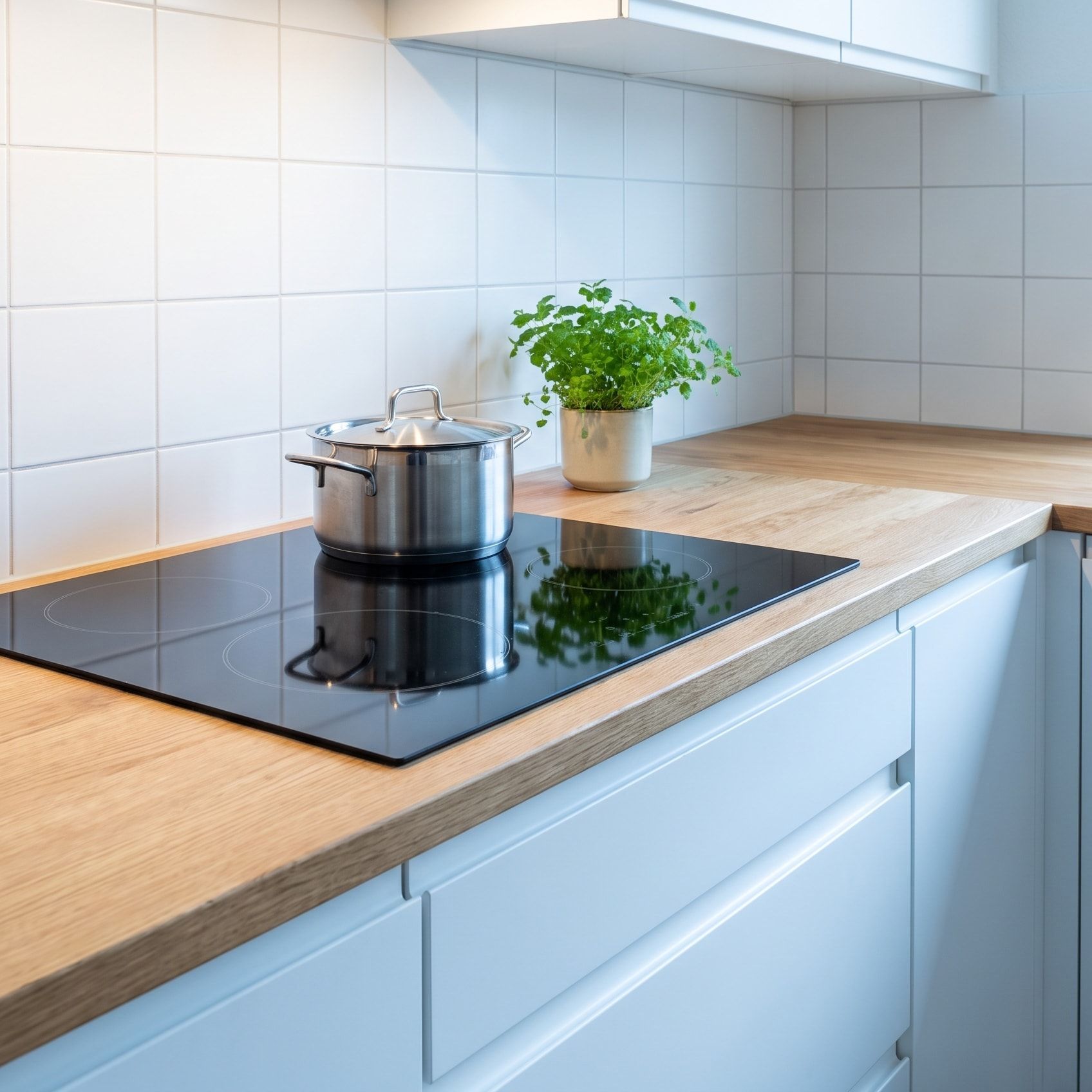 Plaque à induction dans une cuisine claire avec plan de travail en chêne
