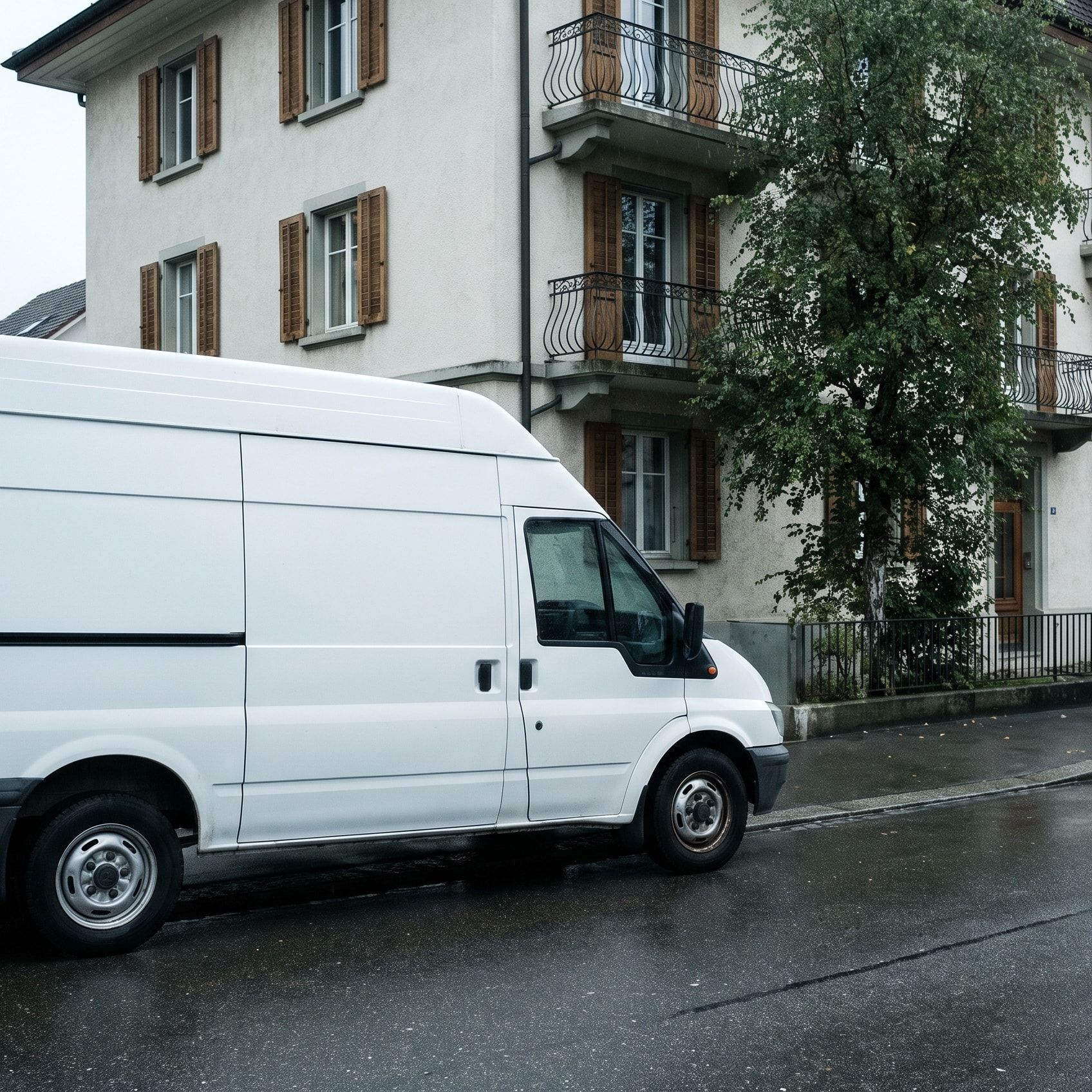 Fourgon blanc sans inscription devant un immeuble locatif