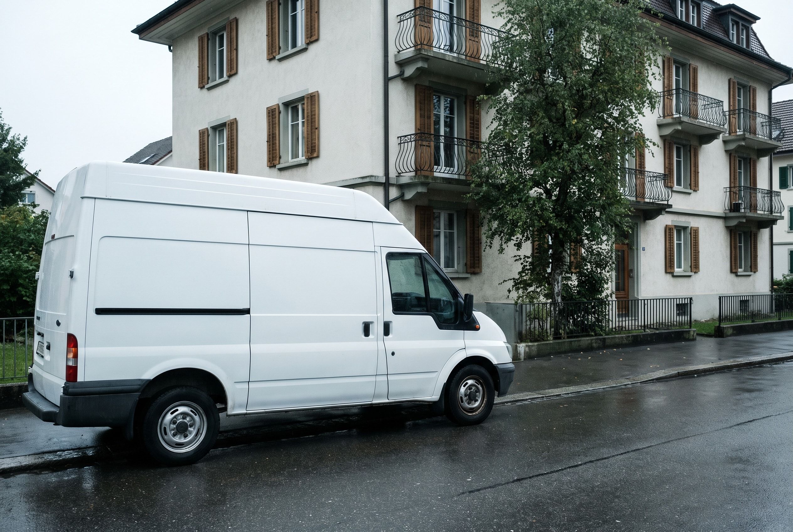 Fourgon blanc sans inscription devant un immeuble locatif