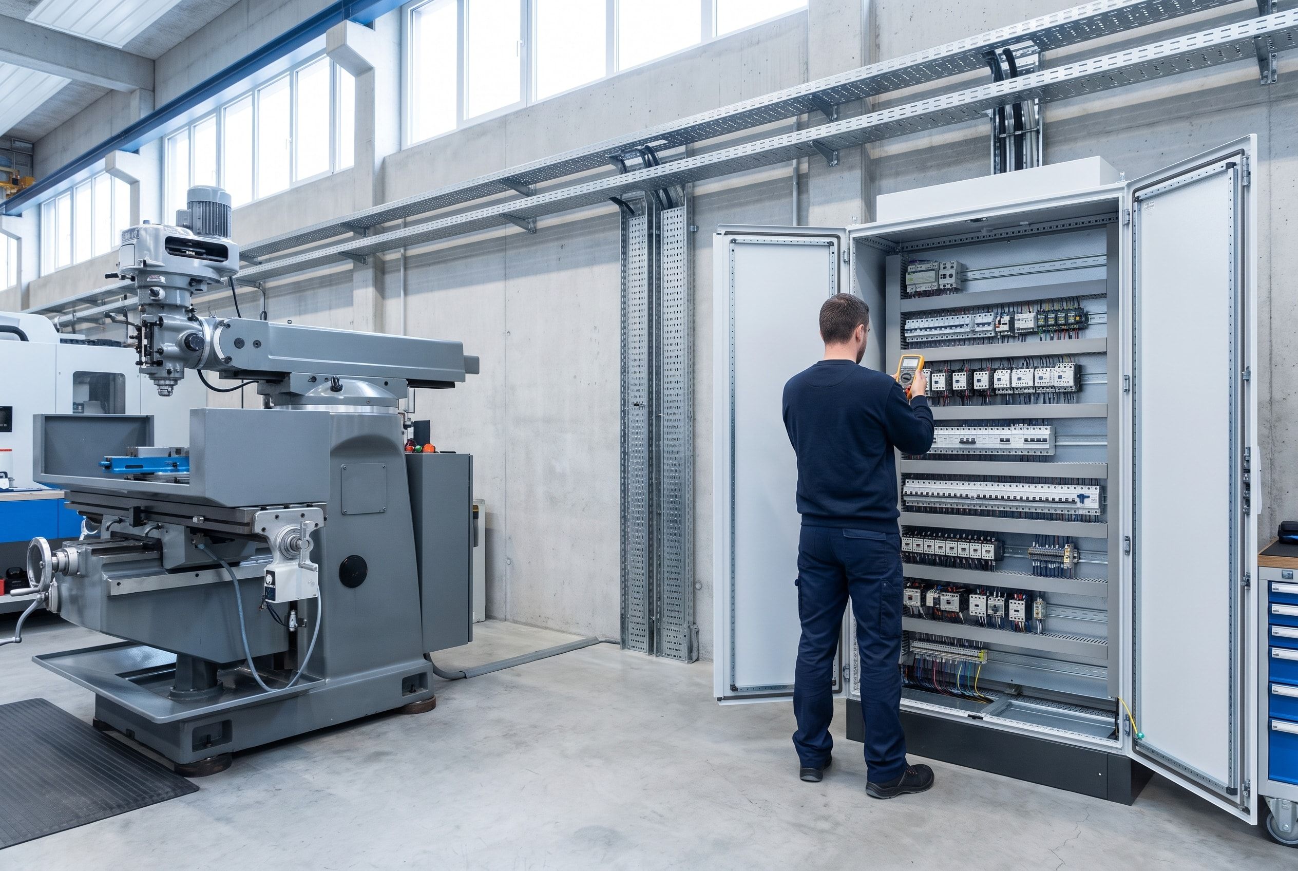Électricien contrôlant une armoire de commande ouverte à côté de machines-outils dans un atelier